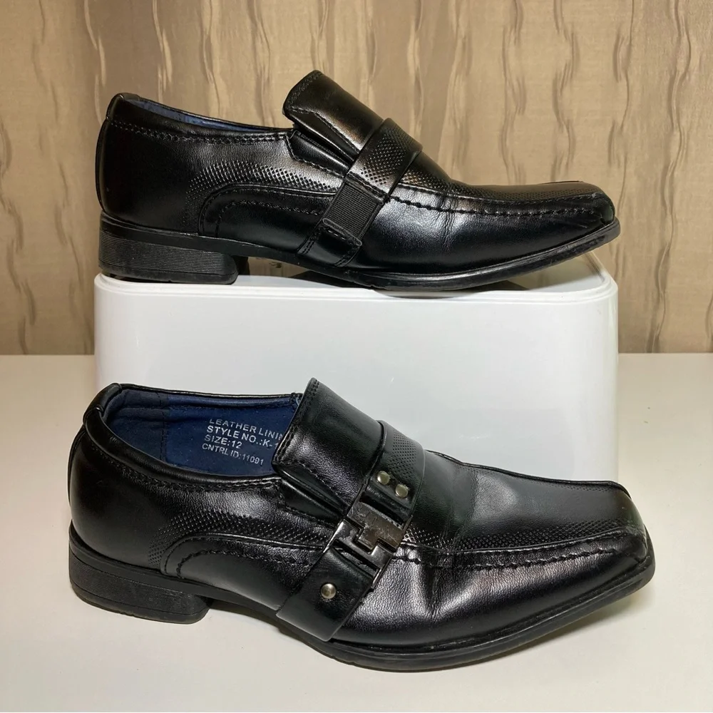 Bonafini Boy's 12 Dress Loafers Slip On Leather Black Square Toe Buckle